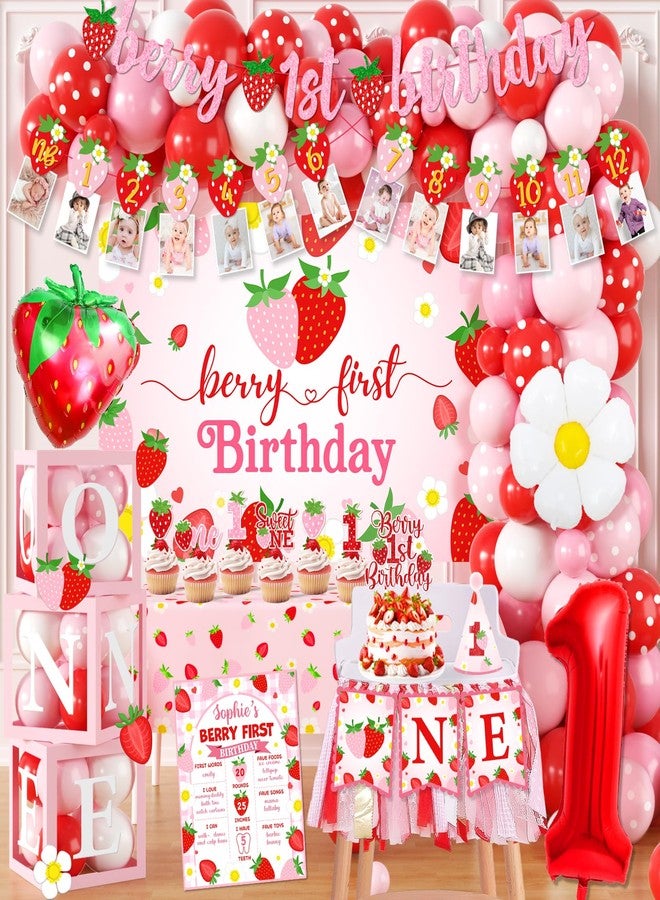 ILUIGGW Berry First Birthday Decor, Strawberry 1st Birthday Decorations Girl with Strawberry Balloons Berry First Party Backdrop Photo Banner Cake Toppers for Girl 1st Party Decorations - Image 1